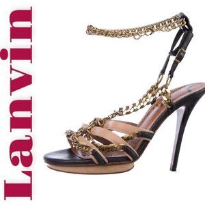 LANVIN Black & Nude Gold Chain Platform Stilettos, Size 39